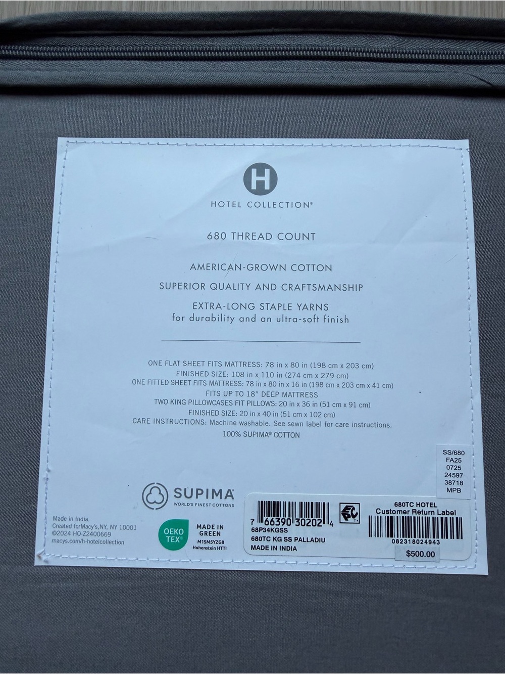 Hotel Collection Supima Cotton Sheet Set in Charcoal Gray - Picture 2 of 6